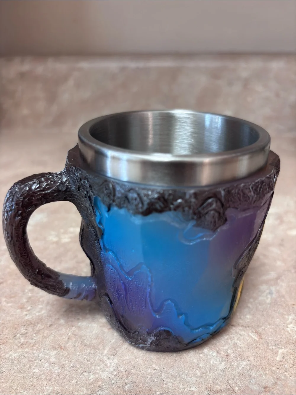 Handcrafted Geode-Style Resin Mug, Stainless Steel Liner –Yellow Blue Agate Look